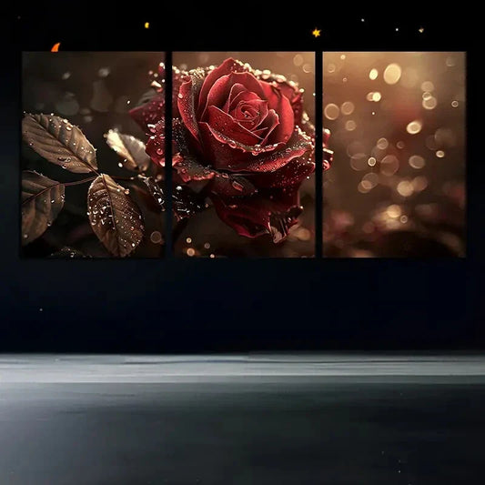 3pcs Red Roses Brown Leaves Golden Bubbles Metal Print Ready to Hang Art