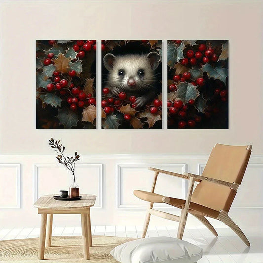 3pcs Green Leaves Red Fruits Animal Themed Metal Print Ready to Hang Art