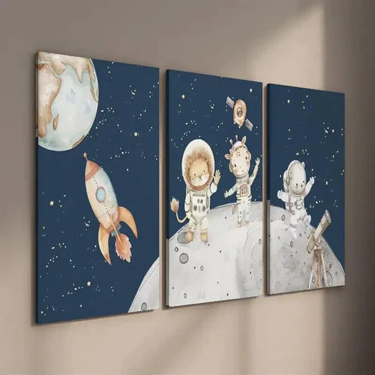 3pcs Lion Giraffe & Bear Cub on Moon Wall Art Set Canvas Framed 40x60cm - High Quality Print 100% Australian Made Wall Canvas Ready to Hang