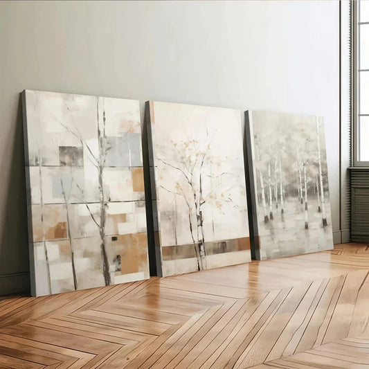 3pcs Nature Autumn Modern Gray Trees White Brown Wall Art Set Canvas Framed 40x60cm - High Quality Print 100% Australian Made Wall Canvas Ready to Hang