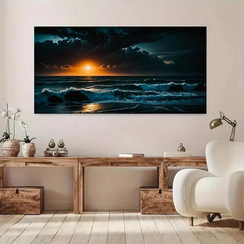 Beach Sunset Ocean Waves Wall Art wall canvas office home room framed 120x60cm