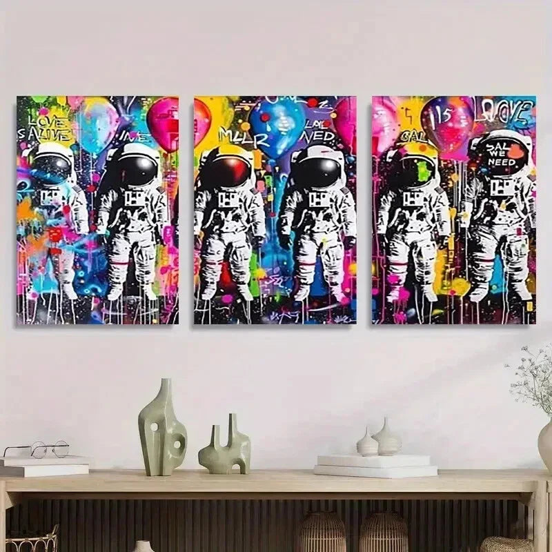 3pcs Astronaut Graffiti Colorful Street Art Metal Print Ready to Hang Art