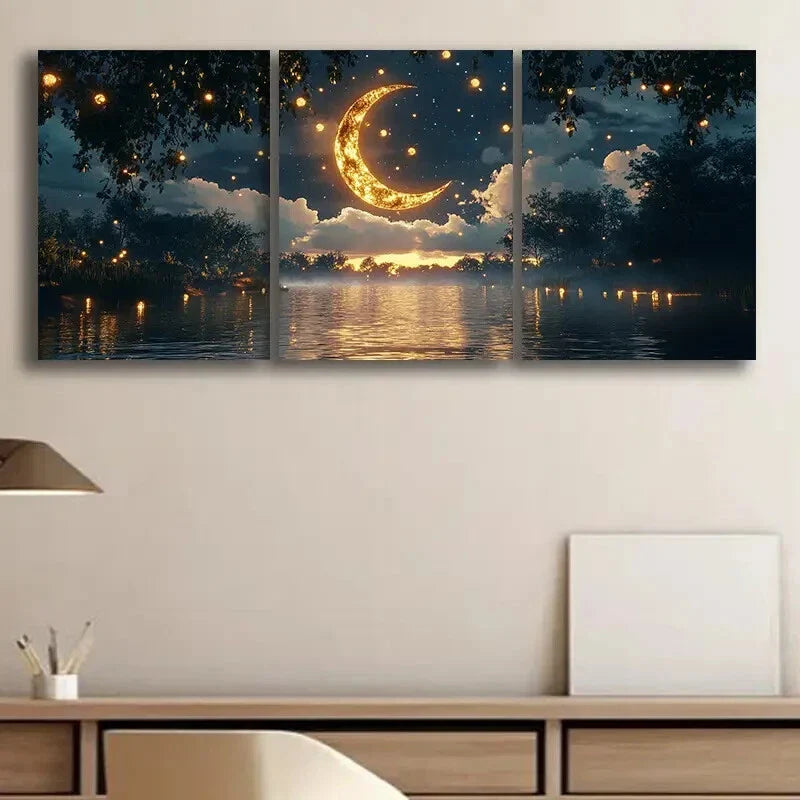 3pcs Featuring the Moon in the Sky Perfect Wall Art Set Canvas Framed 40x60cm - High Quality Print 100% Australian Made Wall Canvas Ready to Hang