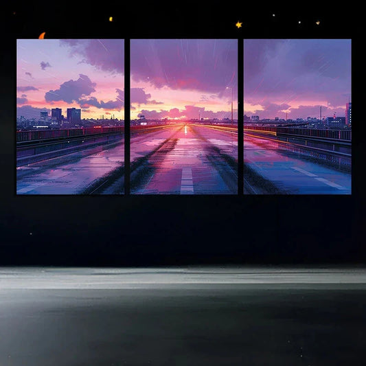 3pcs Highway Sunset Triptych Vibrant Metal Print Ready to Hang Art