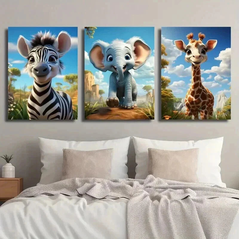 3pcs Zebra Elephant Giraffe in Nature Scene Wall Art Set Canvas Framed 40x60cm - High Quality Print 100% Australian Made Wall Canvas Ready to Hang