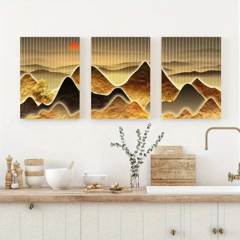 3pcs Golden Mountain Scenery with Sunset Wall Art Set Canvas Framed 40x60cm - High Quality Print 100% Australian Made Wall Canvas Ready to Hang
