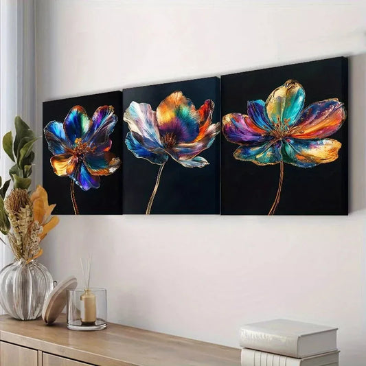 3pcss Modern Art Deco Metallic Flowers Wall Art Set Canvas Framed 40x60cm - High Quality Print 100% Australian Made Wall Canvas Ready to Hang