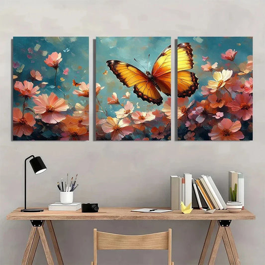 3pcs Vibrant Floral and Butterfly Metal Print Ready to Hang Art