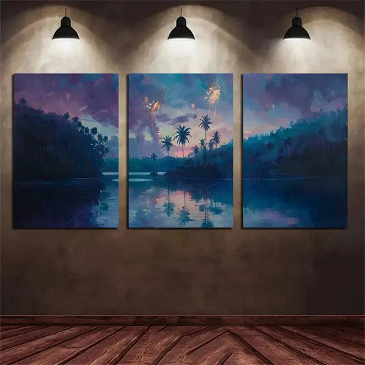 3pcs Golden Fireworks Beach and Palm Trees Metal Print Ready to Hang Art