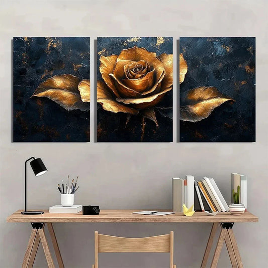 3pcs Black and Golden Rose Elegant Metal Print Ready to Hang Art