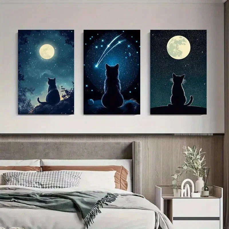 3pcs Cat in the Night Sky Starry Night Cat Metal Print Ready to Hang Art