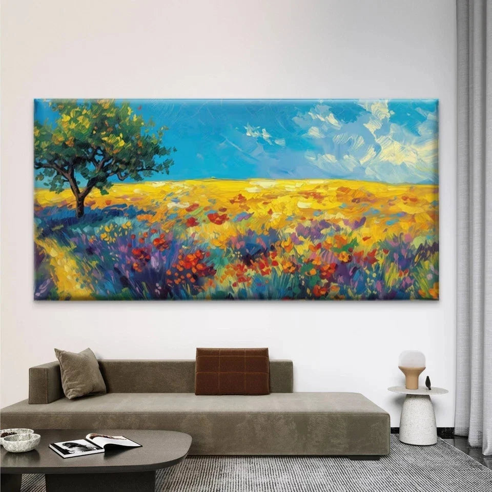 Colorful Meadow & Tree Field Wall Art Canvas Office Home Room Framed 80x45cm