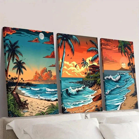 3pcs Tropical Beach Seascape Illustration Wall Art Set Canvas Framed 40x60cm - High Quality Print 100% Australian Made Wall Canvas Ready to Hang