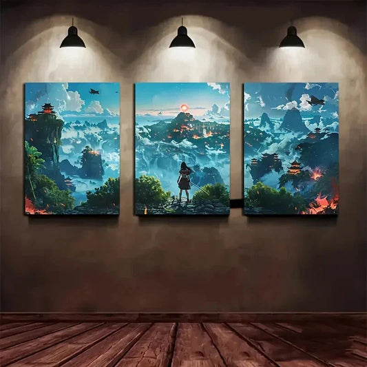 3pcs Fantasy Jungle Valley Green Leaves Metal Print Ready to Hang Art