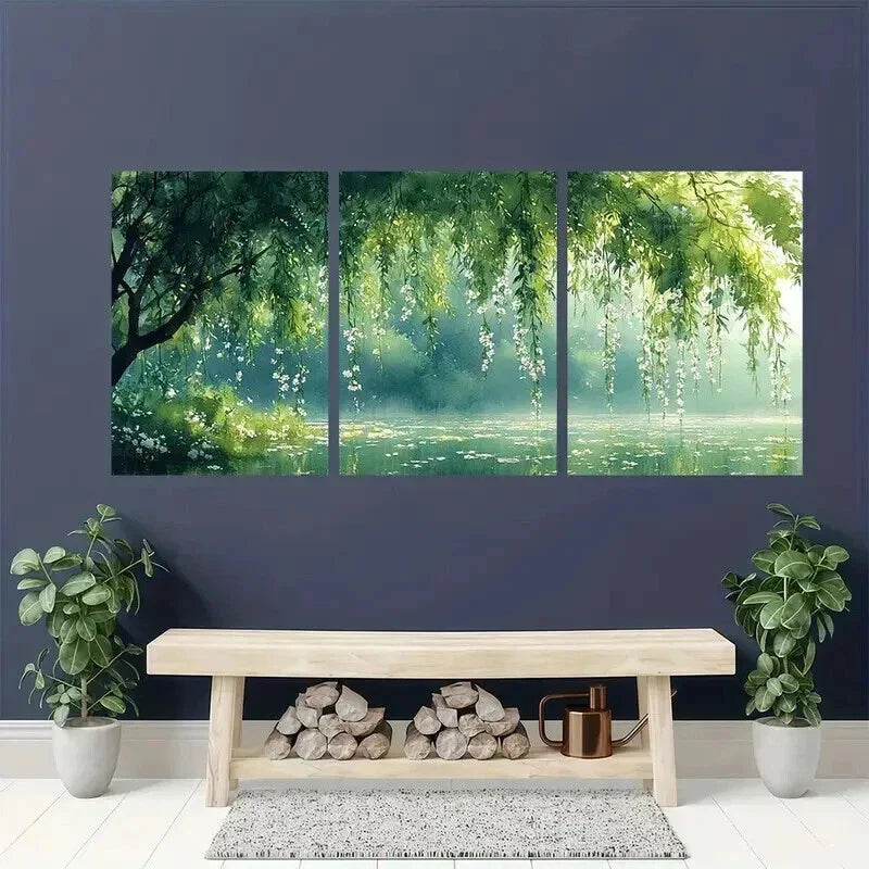 3pcs Serene Willow Tree & White Flower Landscape Wall Art Set Canvas Framed 40x60cm - High Quality Print 100% Australian Made Wall Canvas Ready to Hang