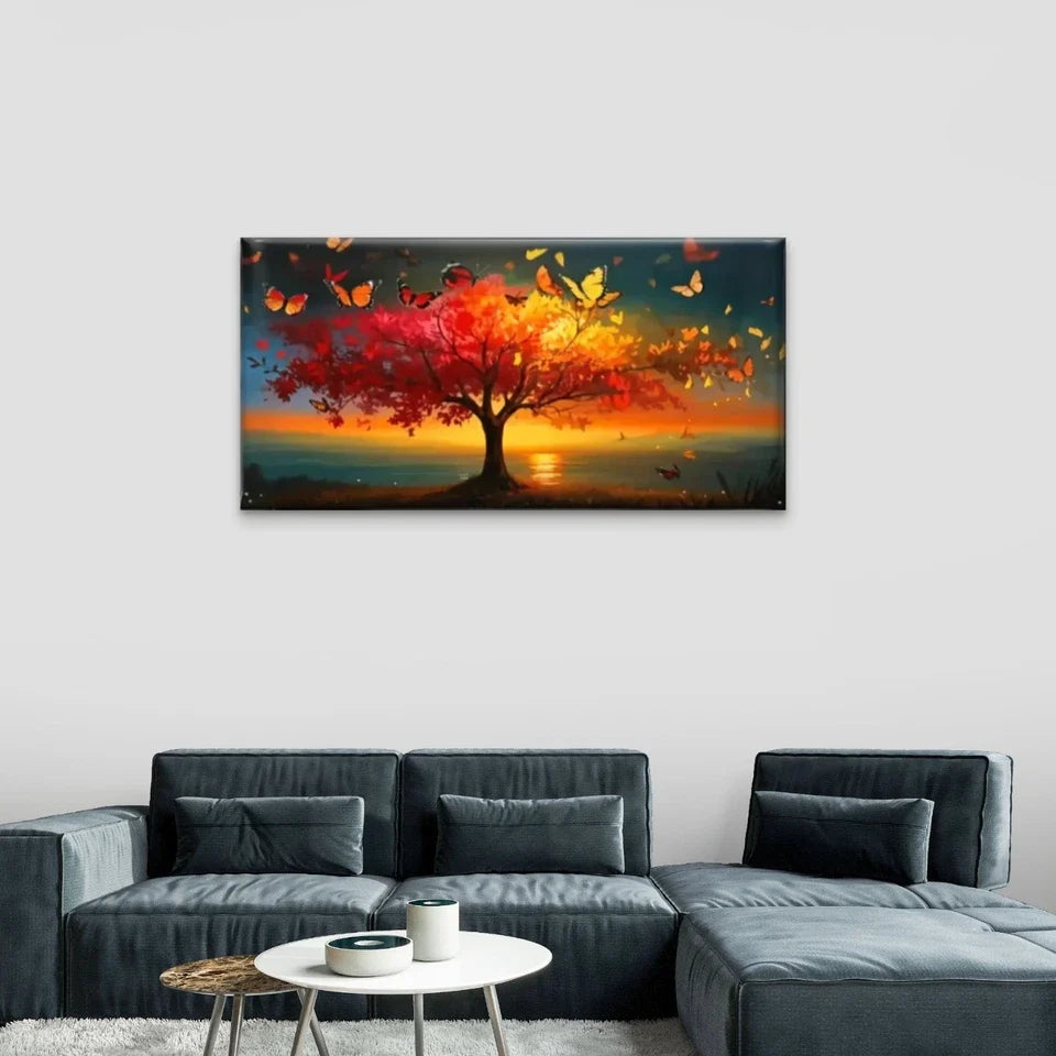 Butterflies Trees Sunset Wall Art Canvas Office Home Room Framed 80x45cm