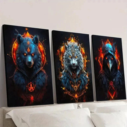 3pcs Fantasy Golden Red Flaming Ferocious Animal Wall Art Set Canvas Framed 40x60cm - High Quality Print 100% Australian Made Wall Canvas Ready to Hang