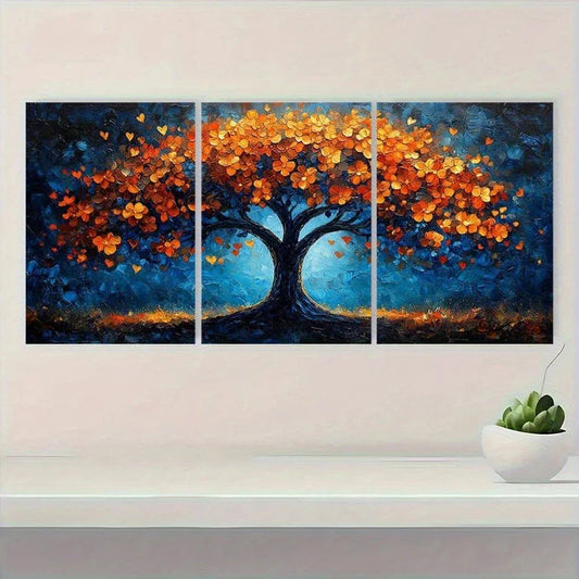 3pcs Vibrant Autumn Foliage Blue Geometric Metal Print Ready to Hang Art