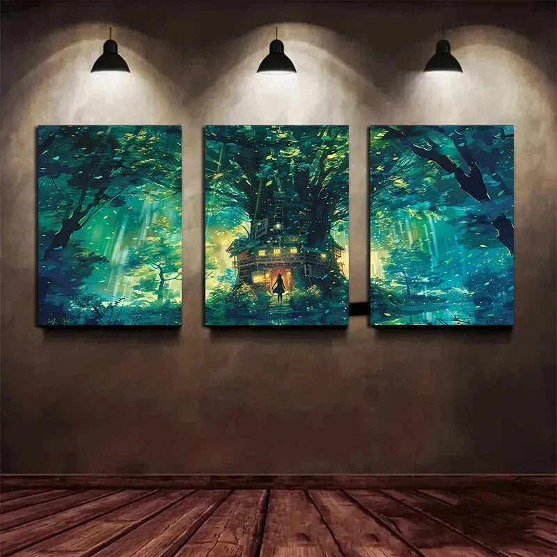 3pcs Enchanted Forest and Treehouse Metal Print Ready to Hang Art
