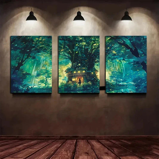 3pcs Enchanted Forest and Treehouse Metal Print Ready to Hang Art