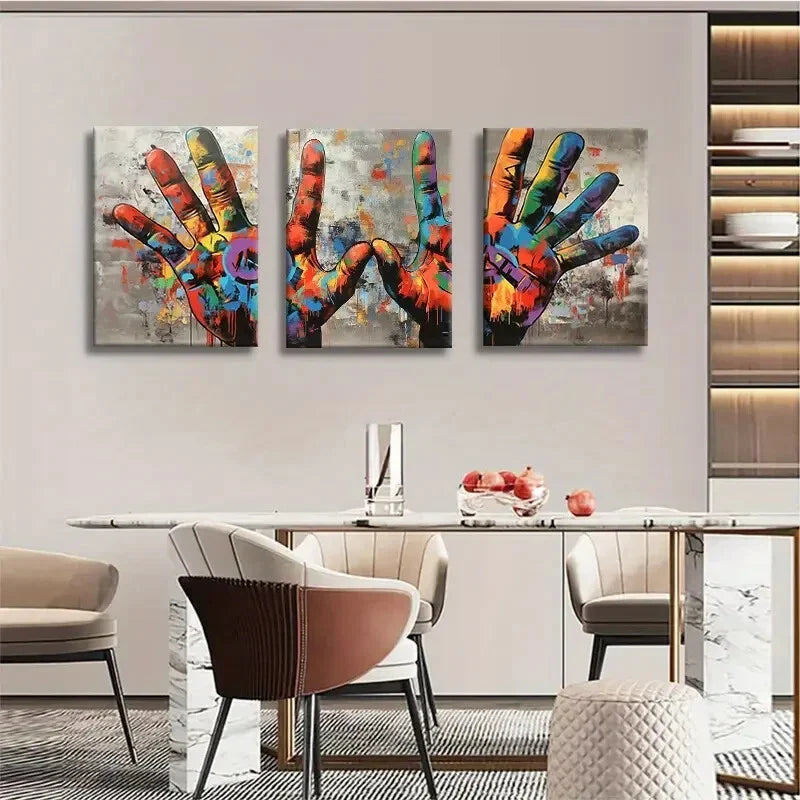 3pcs Color Handprint Abstract Graffiti Perfect Wall Art Set Canvas Framed 40x60cm - High Quality Print 100% Australian Made Wall Canvas Ready to Hang