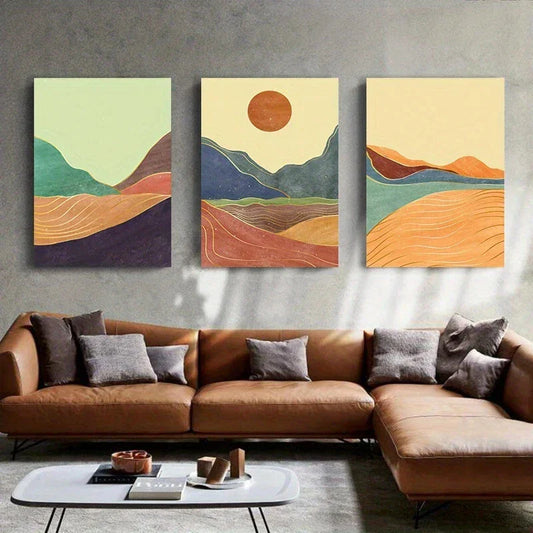 3pcs Cartoon Mountain Sun Brown Metal Print Ready to Hang Art
