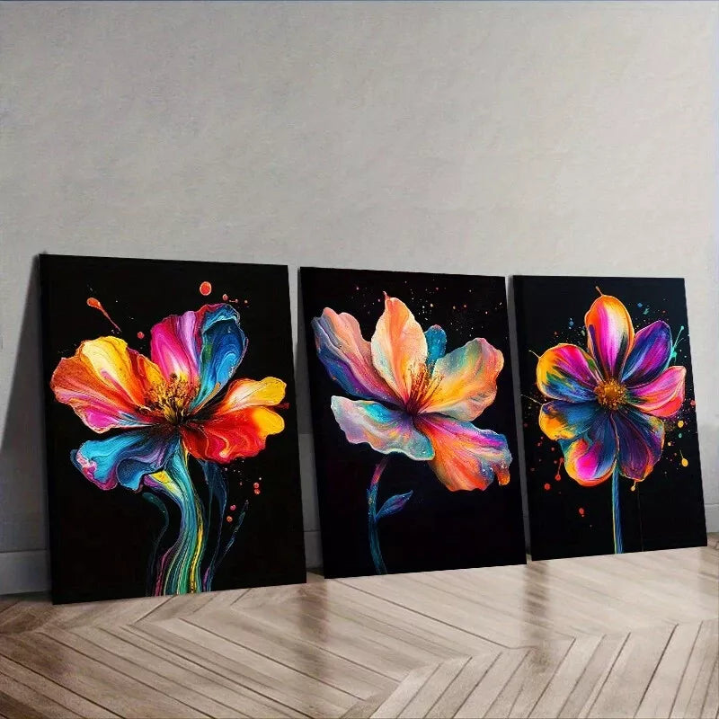 3pcs A Colorful Flower Black Background Wall Art Set Canvas Framed 40x60cm - High Quality Print 100% Australian Made Wall Canvas Ready to Hang