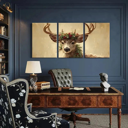 3pcs Artistic Deer Portrait Floral Crown Metal Print Ready to Hang Art