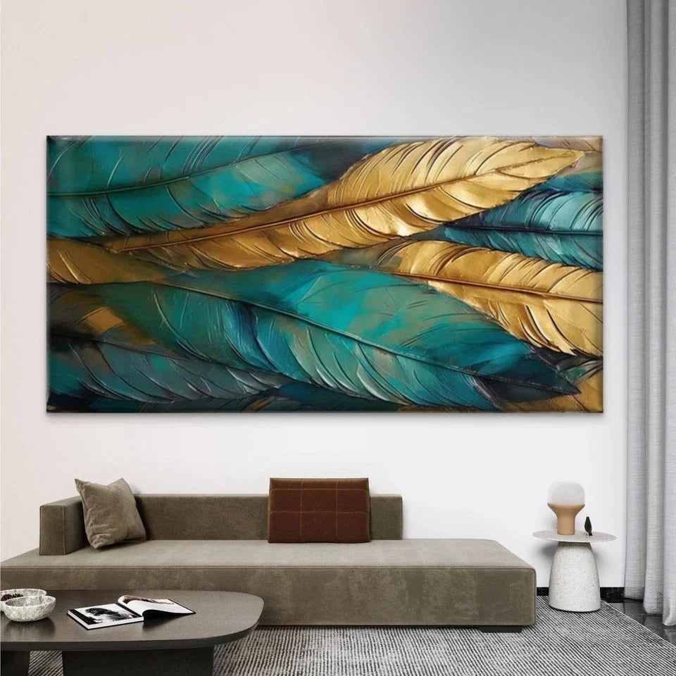 Golden Teal Turquoise Feather Wall Art Canvas Office Home Room Framed 80x45cm