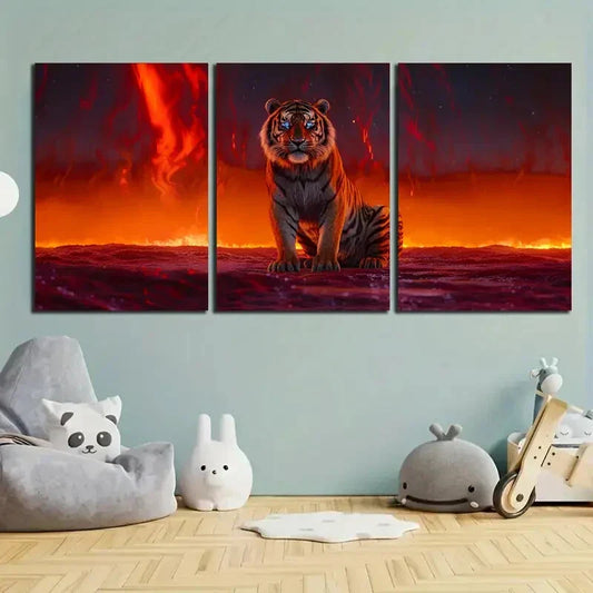 3pcs Sitting Tiger Stunning Gold Metal Print Ready to Hang Art