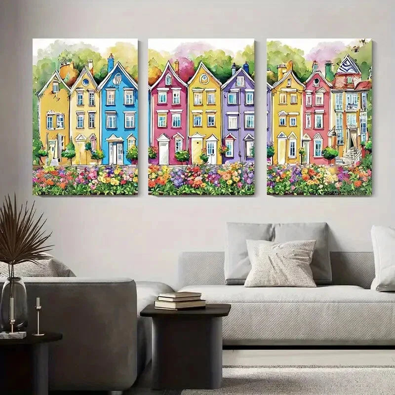 3pcs Colorful House and Flower Vibrant Street Metal Print Ready to Hang Art