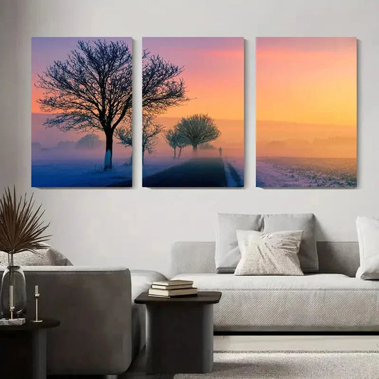 3pcs Serene Snowy Road & Foggy Trees Metal Print Ready to Hang Art
