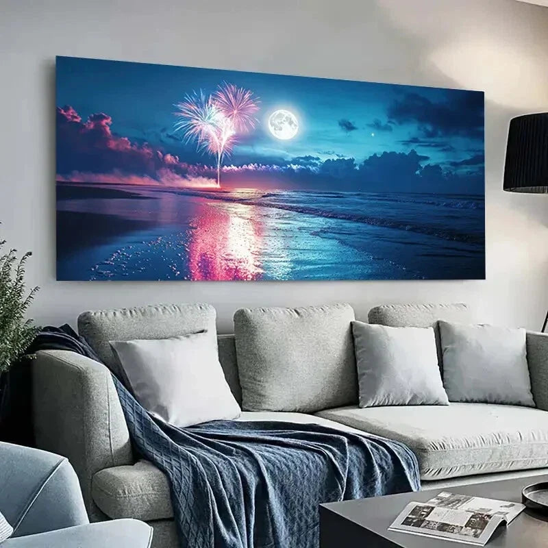 Beach Scene with Fireworks wall canvas office home room framed 80x45cm