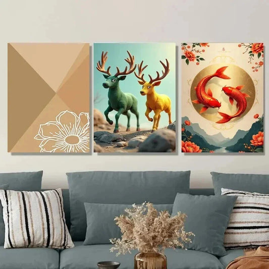3pcs Chic Traditional Deer & Koi Fish Nature Wall Art Set Canvas Framed 40x60cm - High Quality Print 100% Australian Made Wall Canvas Ready to Hang