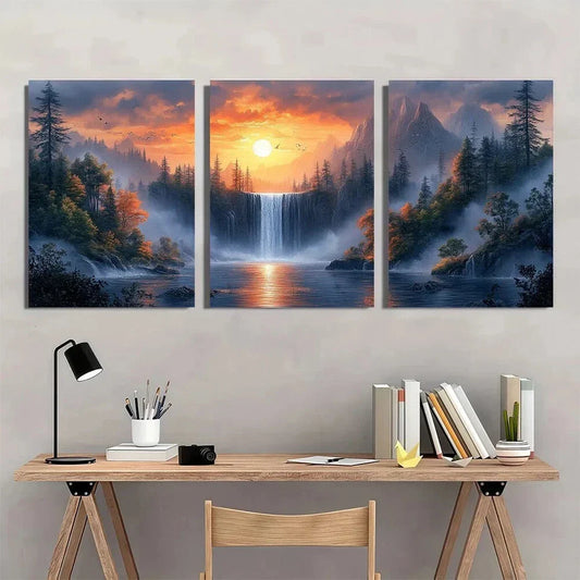 3pcs Waterfall Sunset Classic Style Nature Metal Print Ready to Hang Art