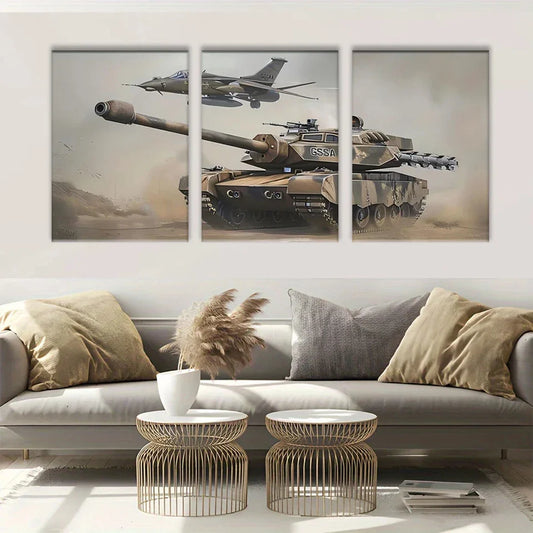 3pcs Tan Military Aircraft and Tank Triptych Metal Print Ready to Hang Art