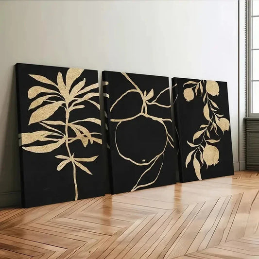 3pcs Abstract Golden Botanical Typography Black Wall Art Set Canvas Framed 40x60cm - High Quality Print 100% Australian Made Wall Canvas Ready to Hang