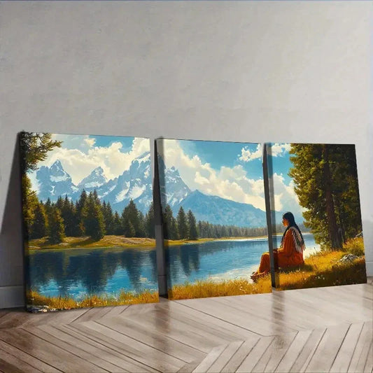 3pcs Girl by the River Blue Sky Nature Perfect Wall Art Set Canvas Framed 40x60cm - High Quality Print 100% Australian Made Wall Canvas Ready to Hang