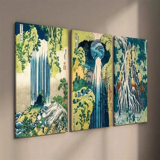 3pcs Vintage Japanese Hokusai Landscape Wall Art Set Canvas Framed 40x60cm - High Quality Print 100% Australian Made Wall Canvas Ready to Hang