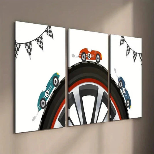 3pcs Racing Car Illustration on Cartoon Tire Wall Art Set Canvas Framed 40x60cm - High Quality Print 100% Australian Made Wall Canvas Ready to Hang