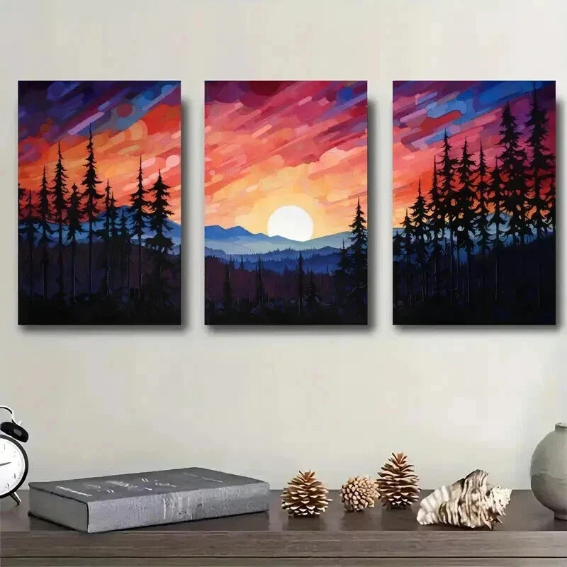 3pcs Sunset Through Colorful Mountain Landscape Wall Art Set Canvas Framed 40x60cm - High Quality Print 100% Australian Made Wall Canvas Ready to Hang