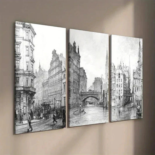 3pcs Architectural Sketch City and Waterway Wall Art Set Canvas Framed 40x60cm - High Quality Print 100% Australian Made Wall Canvas Ready to Hang