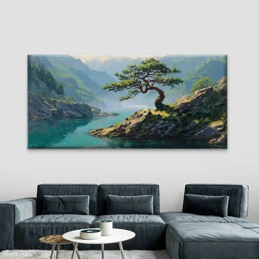 Mountain Landscape with Bonsai Wall Art Canvas Office Home Room Framed 80x45cm