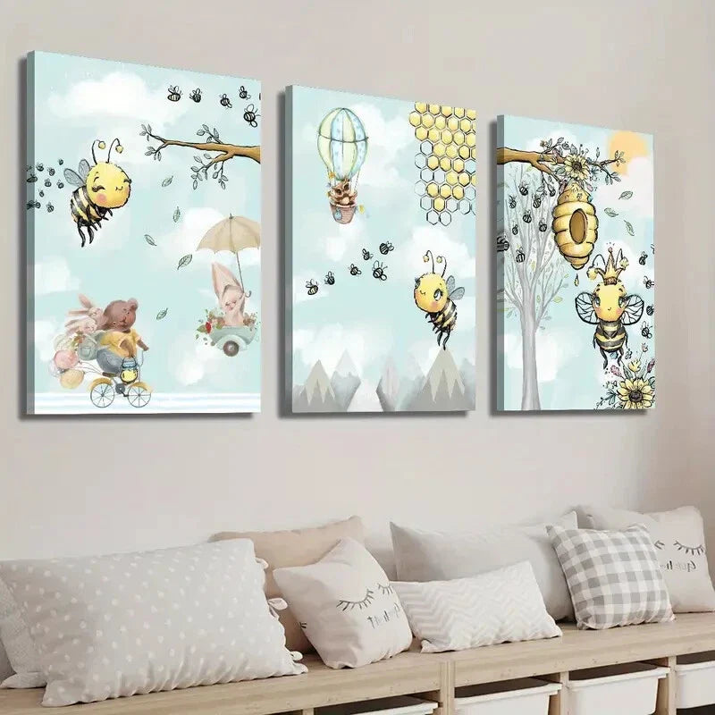 3pcs Rabbit Owl & Beehive Painting Wall Art Set Canvas Framed 40x60cm - High Quality Print 100% Australian Made Wall Canvas Ready to Hang