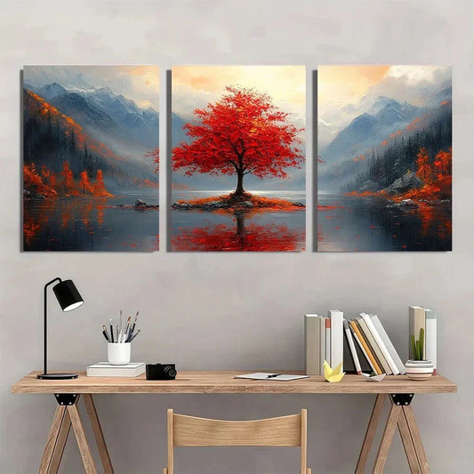 3pcs Red Tree Painting Fashion Mosaic Metal Print Ready to Hang Art