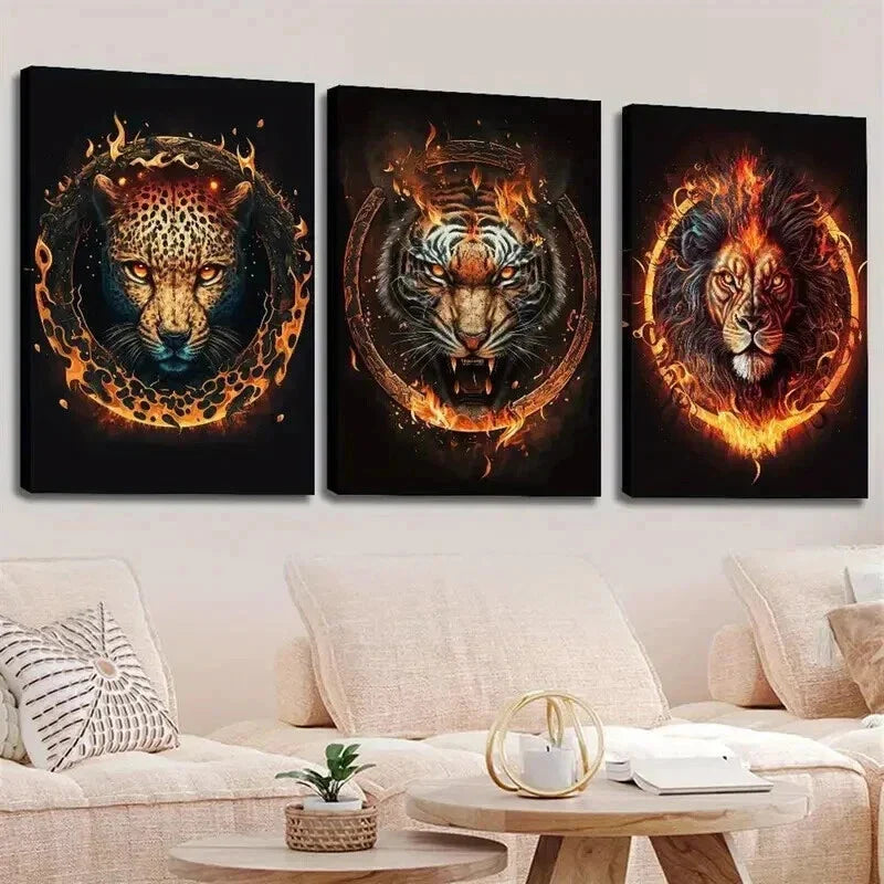 3pcs Fire Leopard Head And Tiger Lion Wall Art Set Canvas Framed 40x60cm - High Quality Print 100% Australian Made Wall Canvas Ready to Hang