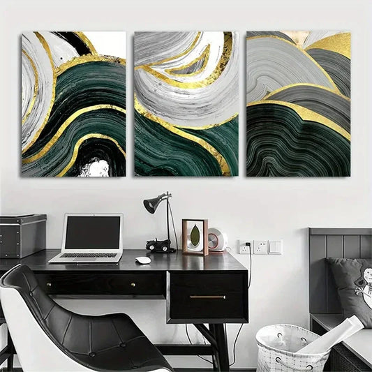 3pcs Golden Green Marble Lines Metal Print Ready to Hang Art