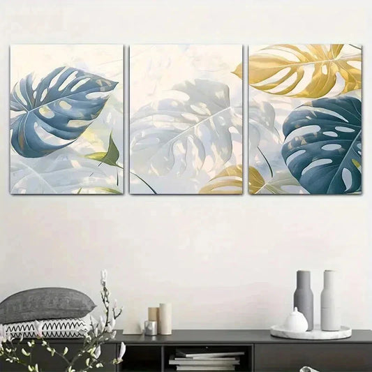 3pcs Abstract Geometric Golden & Blue Leaf Wall Art Set Canvas Framed 40x60cm - High Quality Print 100% Australian Made Wall Canvas Ready to Hang