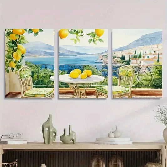 3pcs Mediterranean Lemon Balcony Metal Print Ready to Hang Art
