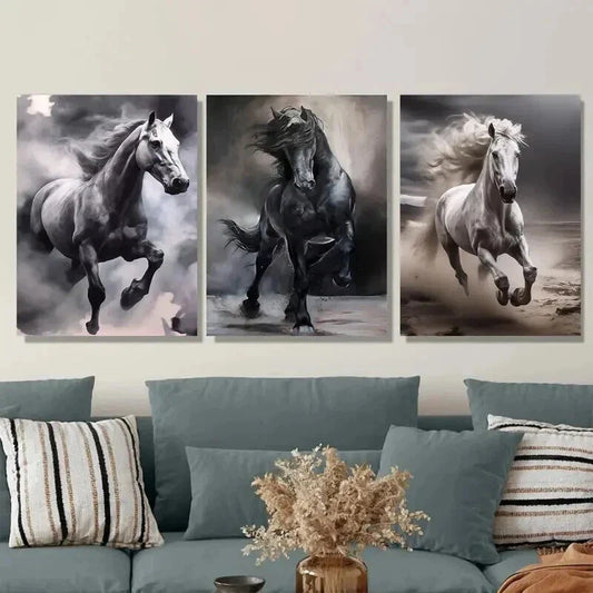 3pcs Galloping Horses Black and White Horse Wall Art Set Canvas Framed 40x60cm - High Quality Print 100% Australian Made Wall Canvas Ready to Hang
